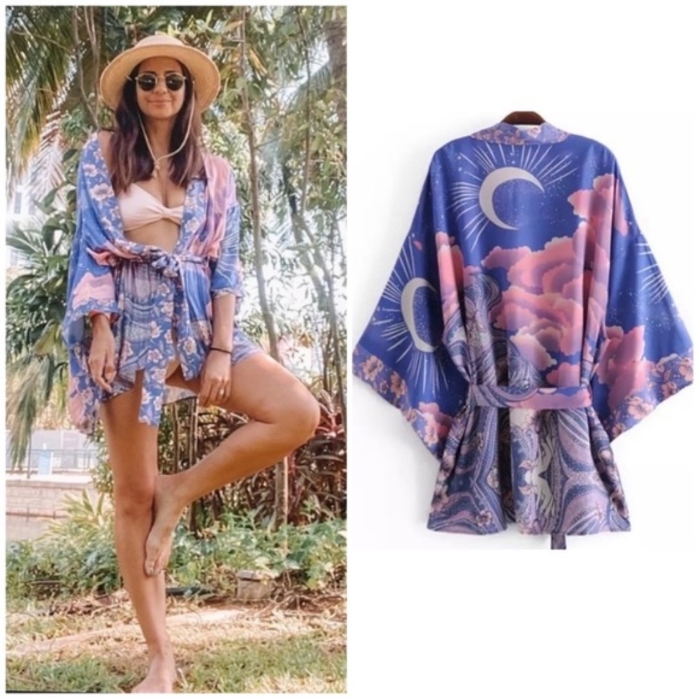 SOLD OUT Cosmic Galaxy Moon Boho Short Kimono Robe Coverup - Picture 3 of 8